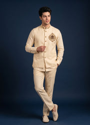 Diwali Linen Koti Set for Men – Handwork Brooch Koti, Shirt & Polo Pant 5