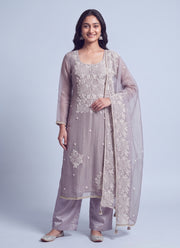 Diwali Mauve Pearl Work Salwar Suit – Tissue Silk with Handmade Moti Embroidery & Wide Pant 4