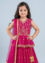 Diwali Rani Pink Peplum Lehenga for Girls – Gold Sequin Embroidery & Net Dupatta 4