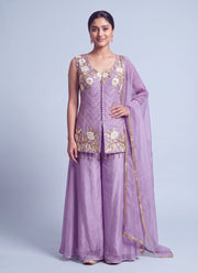 Diwali Sleeveless Kurti Palazzo Set – Salsa Fabric with Rose Embroidery & Organza Dupatta 4