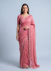 Diwali Crush Georgette Saree – Butti Embroidery, Scalloped Arka Border & Floral Print Blouse 4