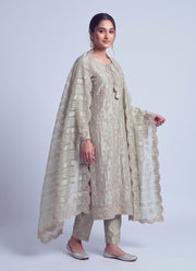 Diwali Tissue Silk Salwar Suit – Sage Green Handmade Rose Embroidery with Striped Dupatta 4