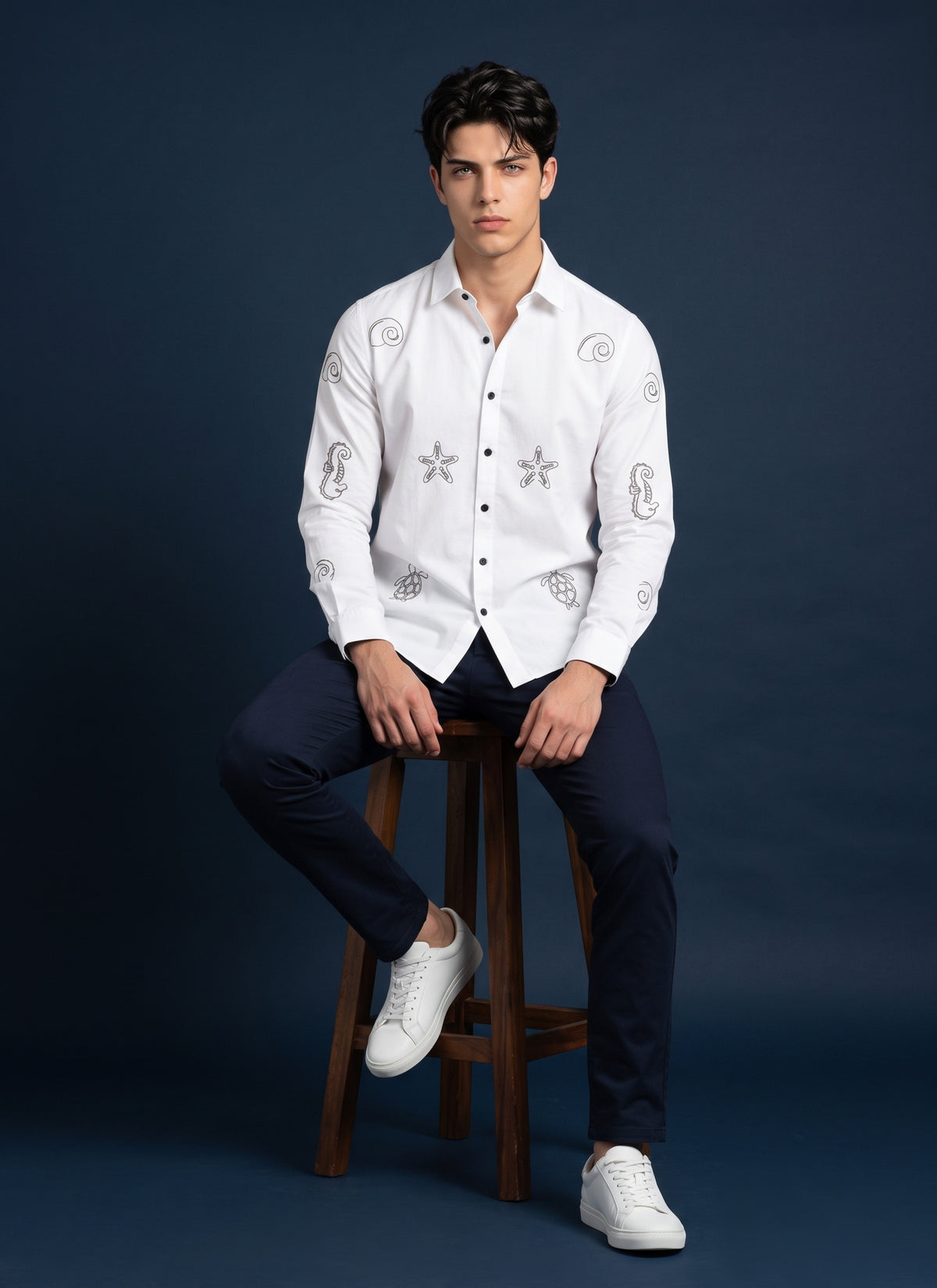 White Embroidered Shirt for Men – Cotton Full Sleeve with Sea Motif Handwork Australia