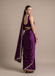 Diwali Wine Jimmy Choo Saree – Scalloped Zari Sequin Border & Blouse Piece 4