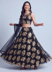 Diwali Black Net Lehenga Choli – Gold Sequin Floral Embroidery with Net Dupatta 5