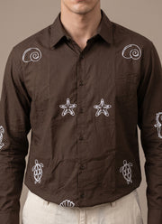 Brown Embroidered Shirt for Men – Cotton Full Sleeve with White Sea Motif Embroidery 6