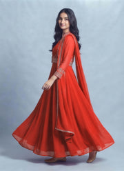 Diwali Georgette Anarkali Gown with Jacket – Zari Embroidered Koti & Dupatta 5