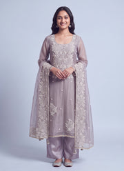 Diwali Mauve Pearl Work Salwar Suit – Tissue Silk with Handmade Moti Embroidery & Wide Pant 5