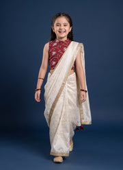 Diwali Ready to Wear Saree for Girls – Cream Gold Border Saree & Maroon Dola Silk Blouse 5