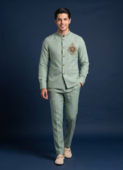 Diwali Linen Koti Set for Men – Handwork Brooch Koti, Shirt & Polo Pant 9