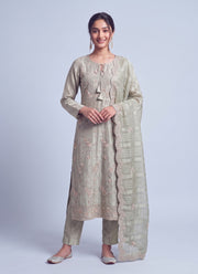 Diwali Tissue Silk Salwar Suit – Sage Green Handmade Rose Embroidery with Striped Dupatta 5