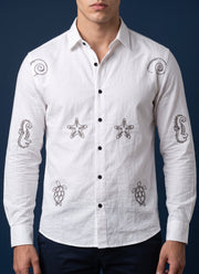 White Embroidered Shirt for Men – Cotton Full Sleeve with Sea Motif Handwork 6