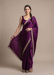Diwali Wine Jimmy Choo Saree – Scalloped Zari Sequin Border & Blouse Piece 5
