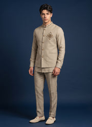 Diwali Linen Koti Set for Men – Handwork Brooch Koti, Shirt & Polo Pant 12