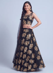 Diwali Black Net Lehenga Choli – Gold Sequin Floral Embroidery with Net Dupatta 6
