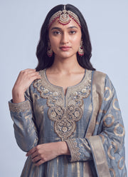Diwali Tissue Anarkali Gown – NC Moss with Zardozi Yoke & Ring Motif Dupatta 6
