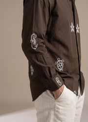 Brown Embroidered Shirt for Men – Cotton Full Sleeve with White Sea Motif Embroidery 7
