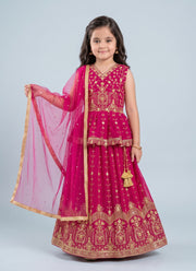 Diwali Rani Pink Peplum Lehenga for Girls – Gold Sequin Embroidery & Net Dupatta 6