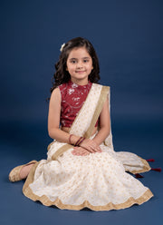Diwali Ready to Wear Saree for Girls – Cream Gold Border Saree & Maroon Dola Silk Blouse 6