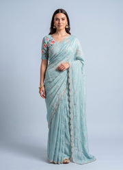 Diwali Crush Georgette Saree – Butti Embroidery, Scalloped Arka Border & Floral Print Blouse 6