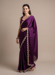 Diwali Wine Jimmy Choo Saree – Scalloped Zari Sequin Border & Blouse Piece 6