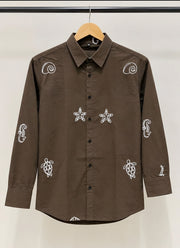 Brown Embroidered Shirt for Men – Cotton Full Sleeve with White Sea Motif Embroidery 2