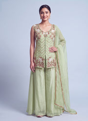 Diwali Sleeveless Kurti Palazzo Set – Salsa Fabric with Rose Embroidery & Organza Dupatta 7
