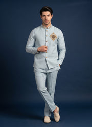 Diwali Linen Koti Set for Men – Handwork Brooch Koti, Shirt & Polo Pant 15
