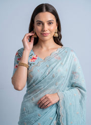 Diwali Crush Georgette Saree – Butti Embroidery, Scalloped Arka Border & Floral Print Blouse 7