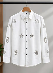 White Embroidered Shirt for Men – Cotton Full Sleeve with Sea Motif Handwork 2