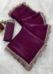 Diwali Wine Jimmy Choo Saree – Scalloped Zari Sequin Border & Blouse Piece 7