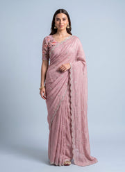 Diwali Crush Georgette Saree – Butti Embroidery, Scalloped Arka Border & Floral Print Blouse 8