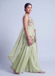 Diwali Sleeveless Kurti Palazzo Set – Salsa Fabric with Rose Embroidery & Organza Dupatta 8