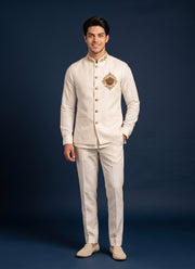 Diwali Linen Koti Set for Men – Handwork Brooch Koti, Shirt & Polo Pant 18
