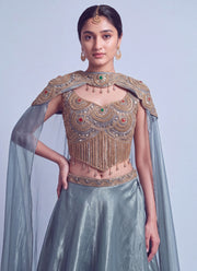 Diwali Cape Lehenga Choli – Gabana Skirt with Zari Stone Work Blouse & Attached Cape 9