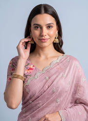 Diwali Crush Georgette Saree – Butti Embroidery, Scalloped Arka Border & Floral Print Blouse 9