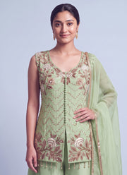 Diwali Sleeveless Kurti Palazzo Set – Salsa Fabric with Rose Embroidery & Organza Dupatta 9