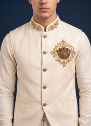 Diwali Linen Koti Set for Men – Handwork Brooch Koti, Shirt & Polo Pant 20
