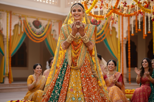 1 women wear Mehendi Ceremony Lehenga