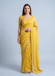 Diwali Crush Georgette Saree – Butti Embroidery, Scalloped Arka Border & Floral Print Blouse 10