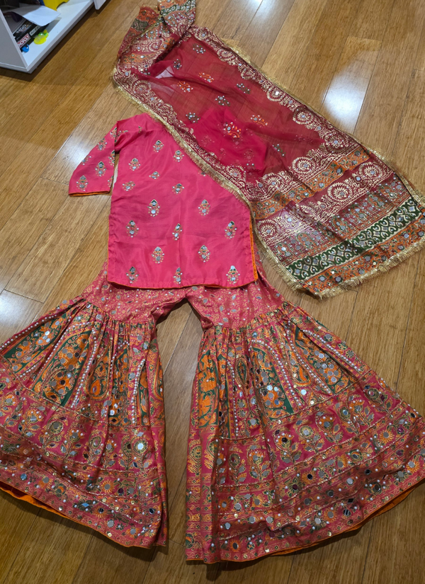 Kids Raw Silk Sharara with Block Print &amp; Mirror Work