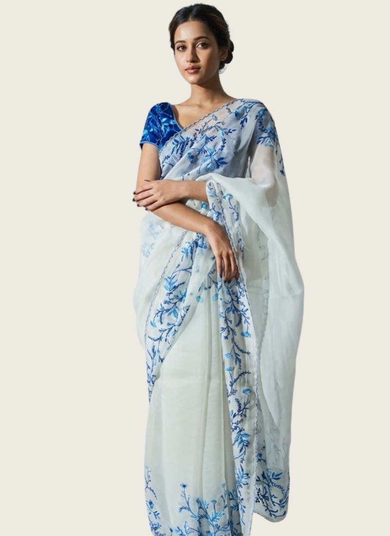 Soft Tebby Silk Saree with Floral Print, Beads & Katdana Handwork + Blouse Piece