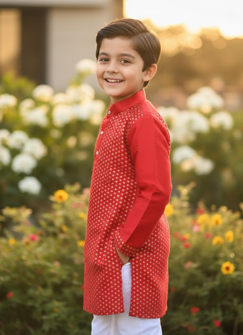 Kids Kurta Pajama – Red Silk Kurta with White Cotton Pyjama