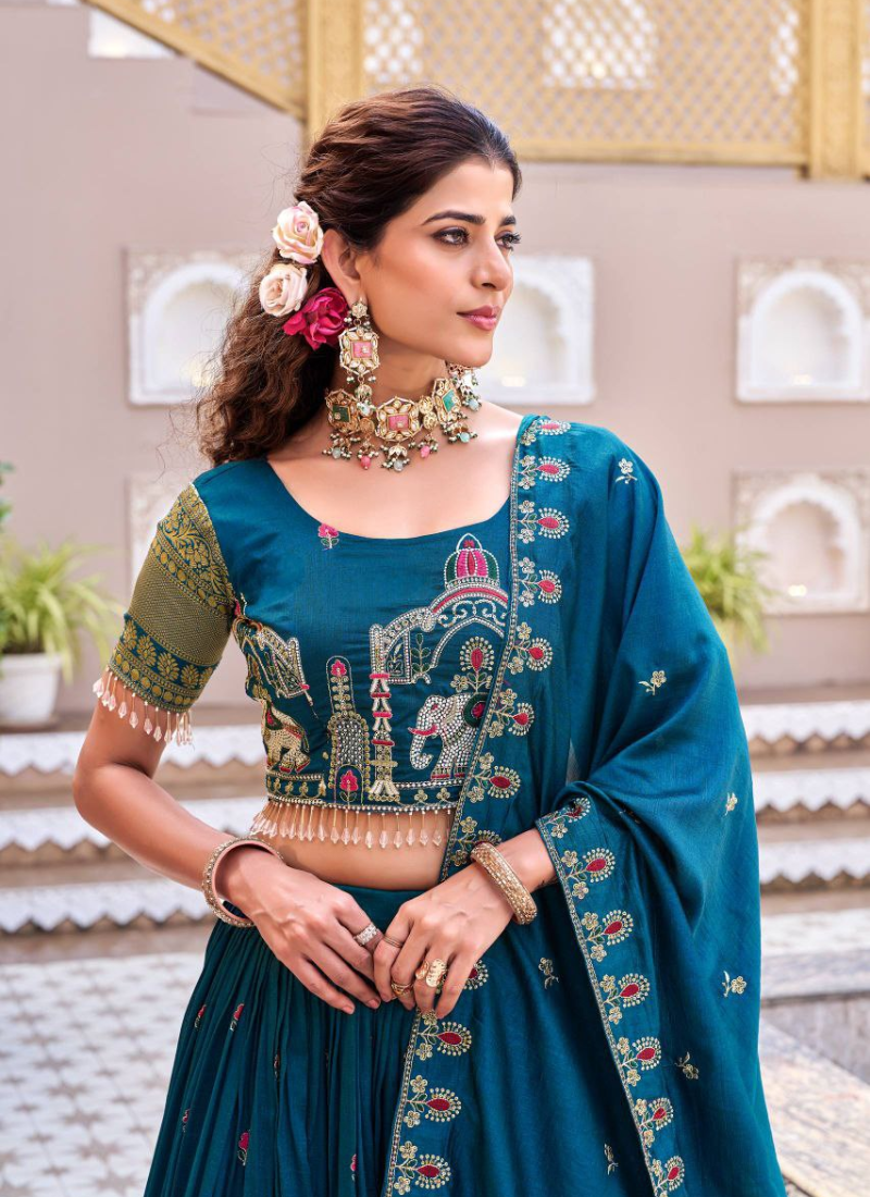 Pure Vichitra Embroidered Lehenga Choli Set