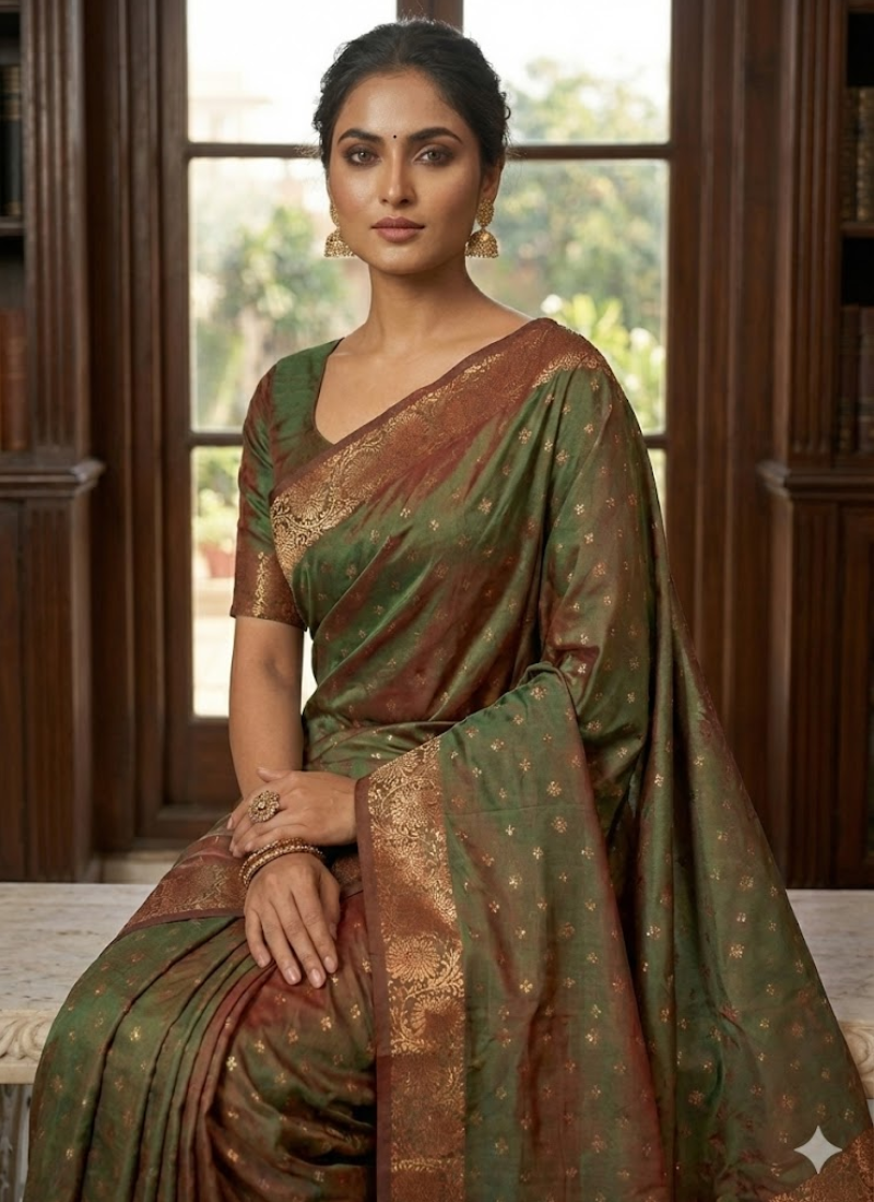 Green Katan Silk Saree with Zari and Blouse Piece