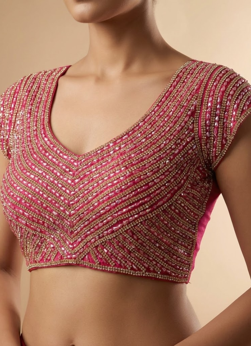 Pure silk handcrafted blouse with pearl, moti, beads and pipe work, padded fit, back hook open style.