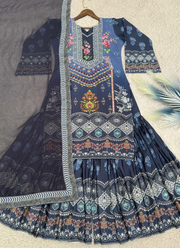 Deep Navy Blue Chinon Silk Sharara Suit with Mirror & Stone Work + Dupatta 4