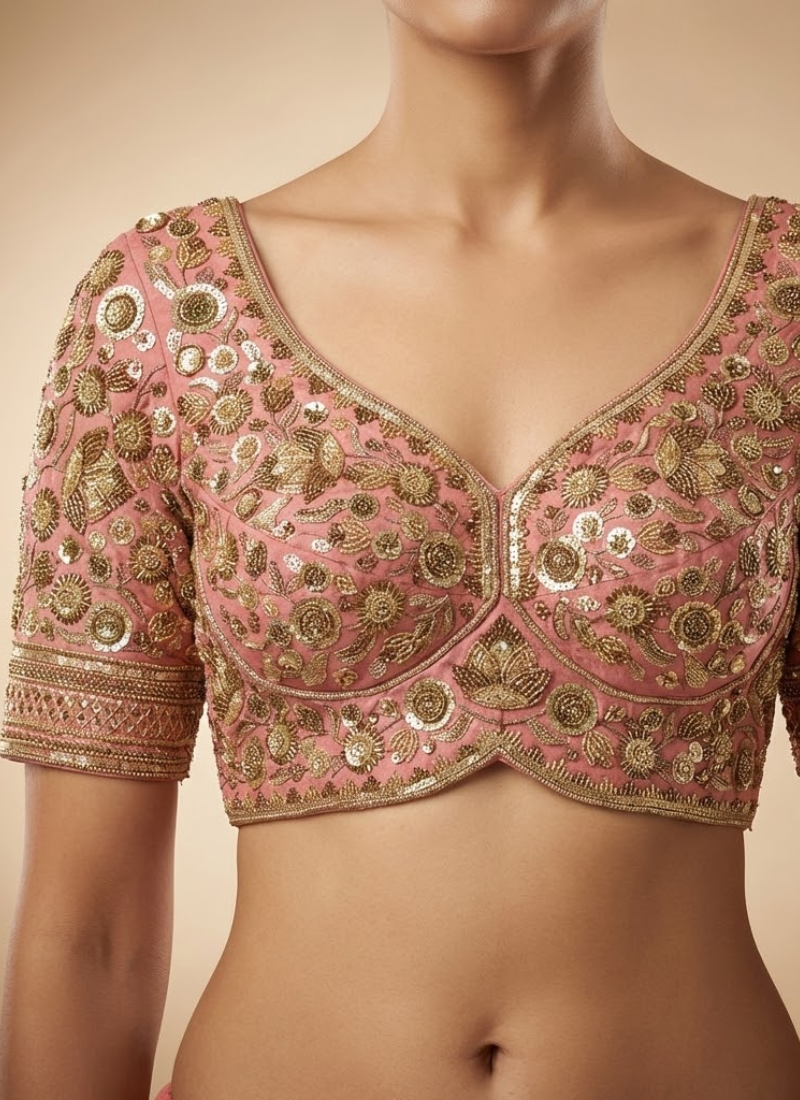 Elegant women’s blouse in pure Roman silk with heavy embroidery, 12 inch sleeves, and cotton lining.