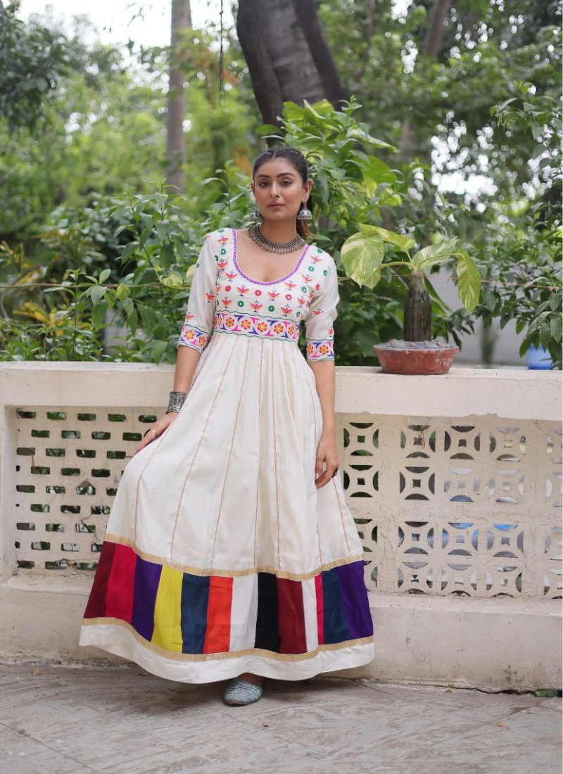 Roman Fabric Anarkali Dress with Multicolour Thread & Gota Lace Work