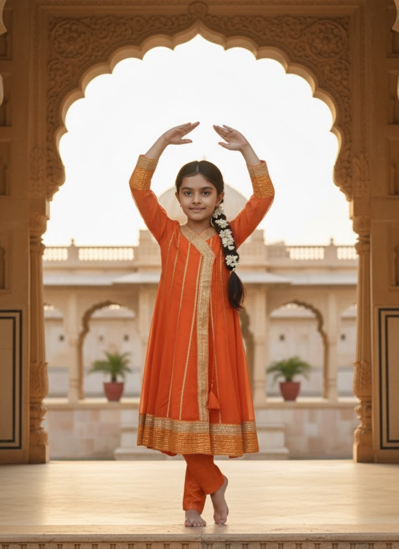 Orange Chiffon Kids Anarkali Dress – Angrakha Style